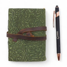 Load image into Gallery viewer, Fat Deckled Leather Notebook – Green Maze Pattern – 12.7×8.9 cm