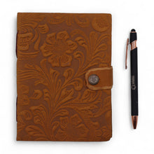 Load image into Gallery viewer, Leather Embossed Notebook – Tan Floral Pattern –  17.8×12.7 cm