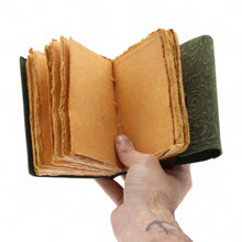 Load image into Gallery viewer, Fat Deckled Leather Notebook – Green Maze Pattern – 12.7×8.9 cm